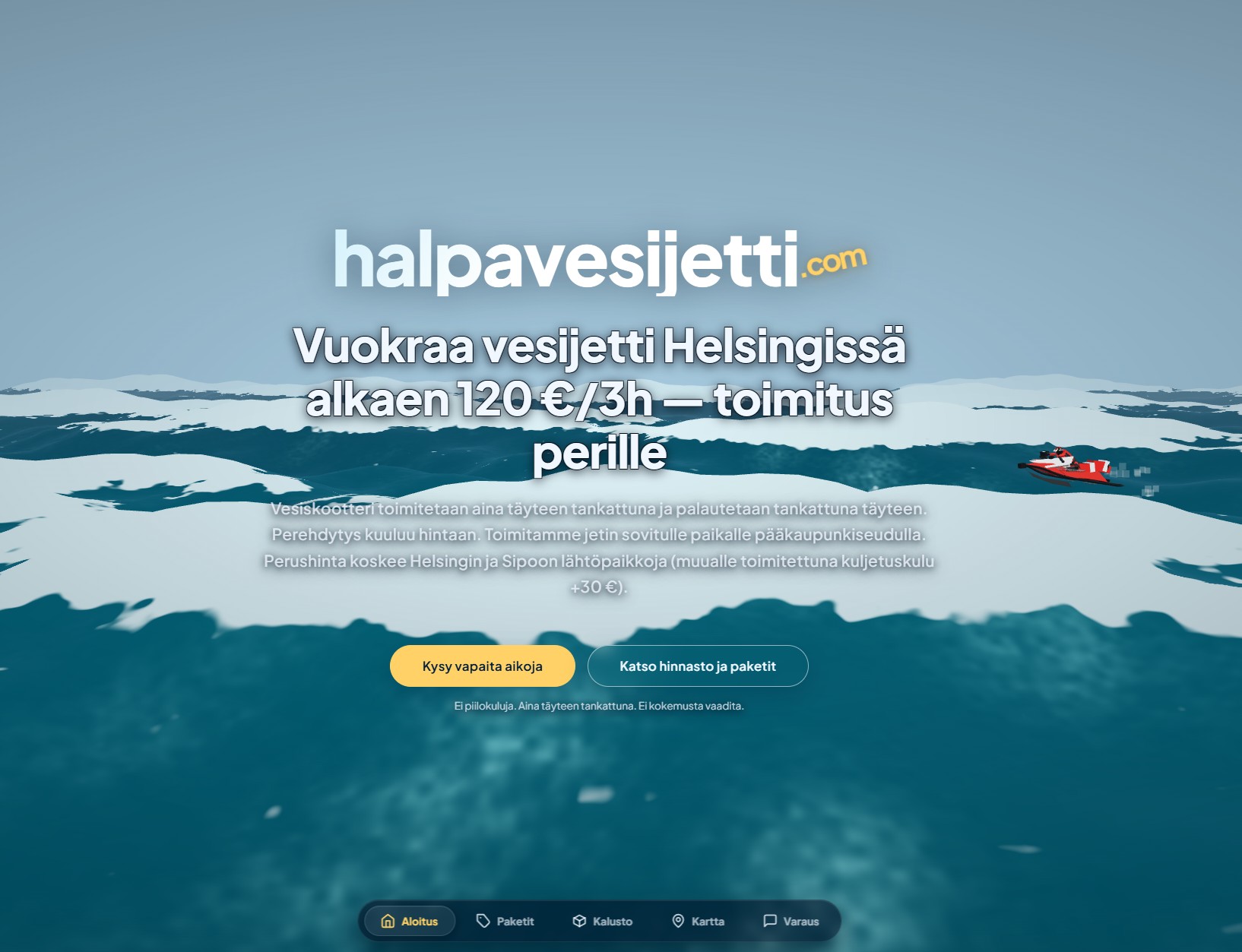 Halpavesijetti.com-verkkosivun etusivu