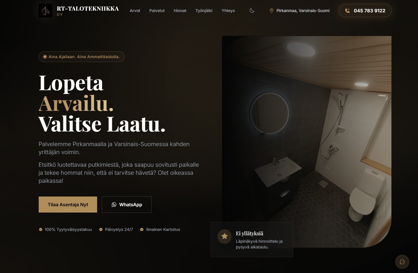 RT-Talotekniikka Oy:n verkkosivun etusivu